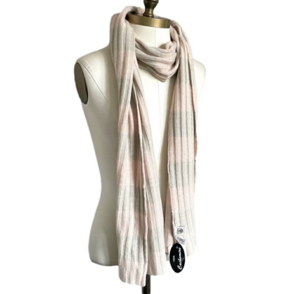 Portolano Pastel Pink Gray Ribbed 100% Cashmere Scarf - BNWTs🧣